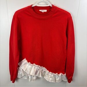 Clu Too Ruffle Sweater Tomato Red Orange Sweatshirt Long Sleeve Crew Neck sz XS